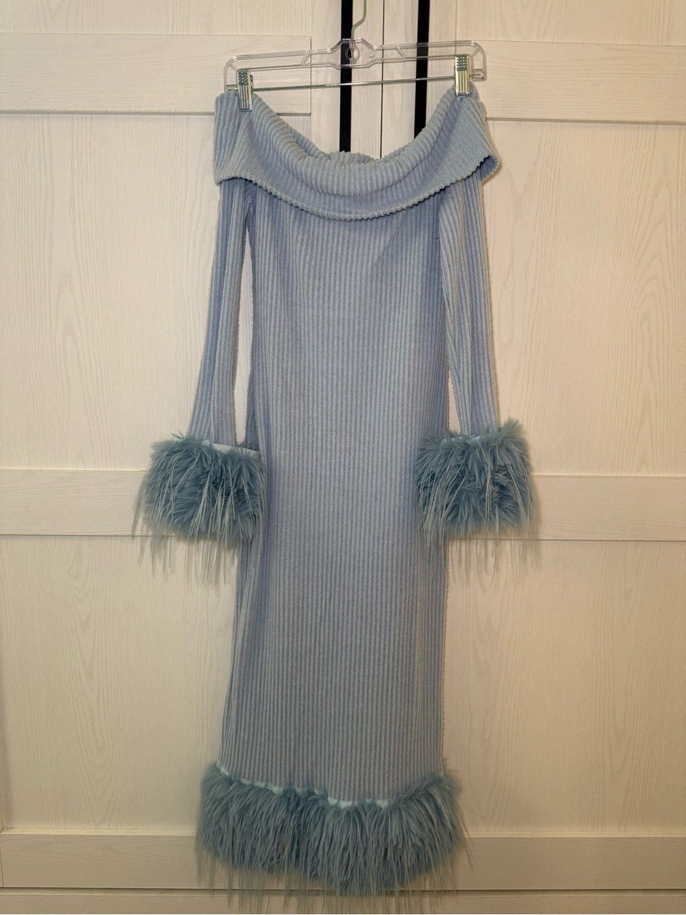 SHEIN Privé Blue Off-Shoulder Feather Trim Midi Dress Size M